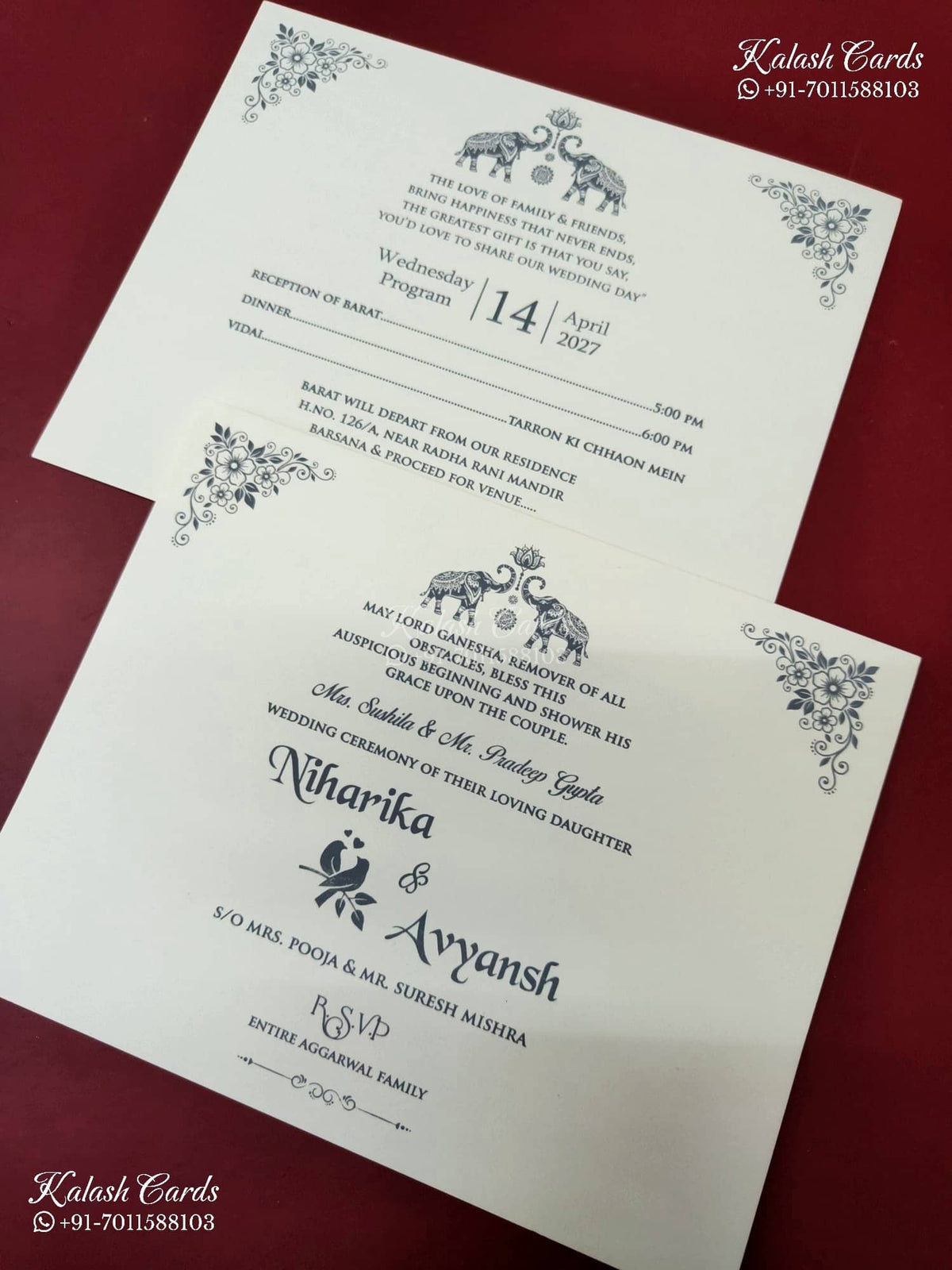 KLB-1236 White Green Floral Semi Box Wedding Card (2 Page & Couple Name Wooden Plate)