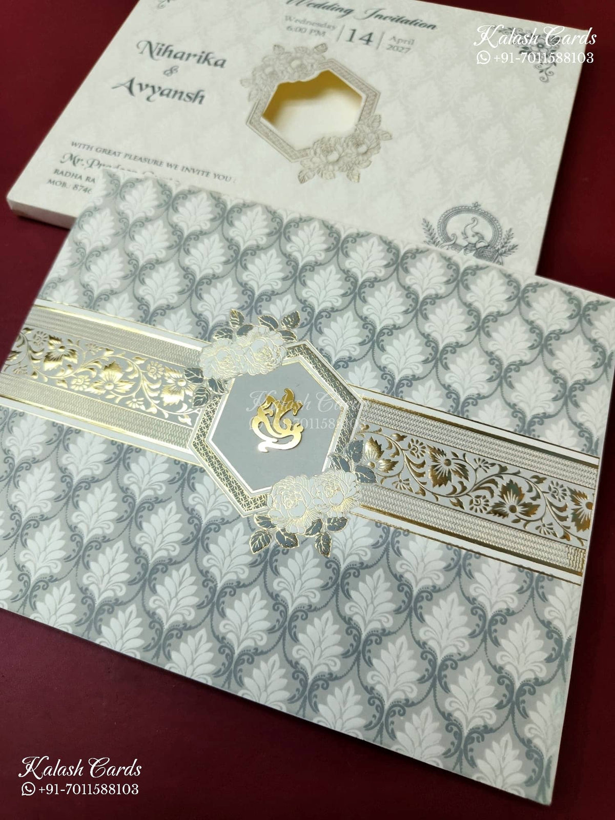 KLB-1238 White Grey Floral Semi Box Wedding Card (2 Page)