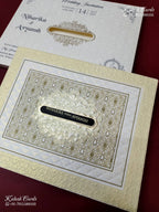 KLB-1239 White Creme Traditional Embossed Semi Box Wedding Card (2 Page & Couple Name Wooden Plate)