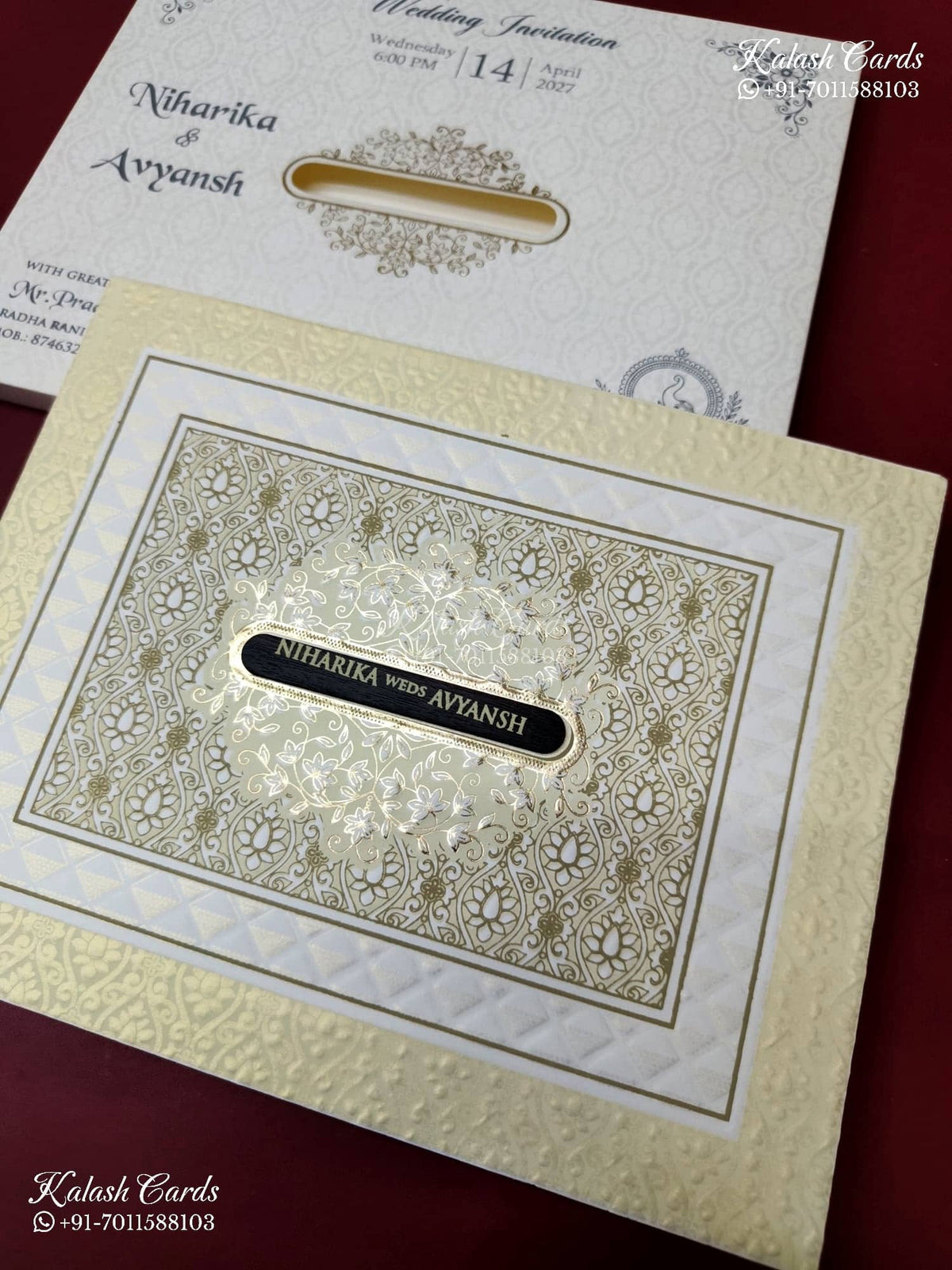 KLB-1239 White Creme Traditional Embossed Semi Box Wedding Card (2 Page & Couple Name Wooden Plate)