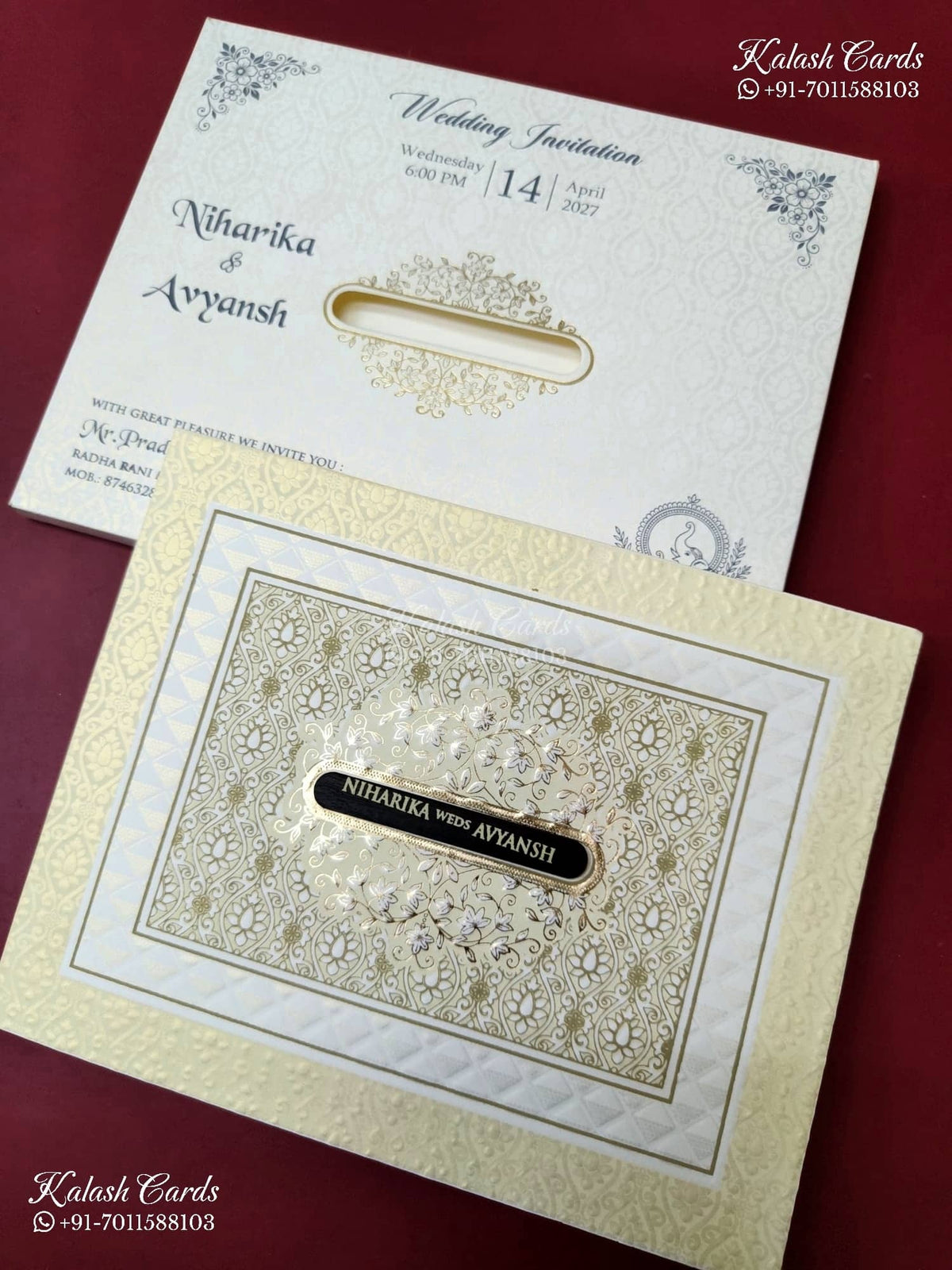 KLB-1239 White Creme Traditional Embossed Semi Box Wedding Card (2 Page & Couple Name Wooden Plate)