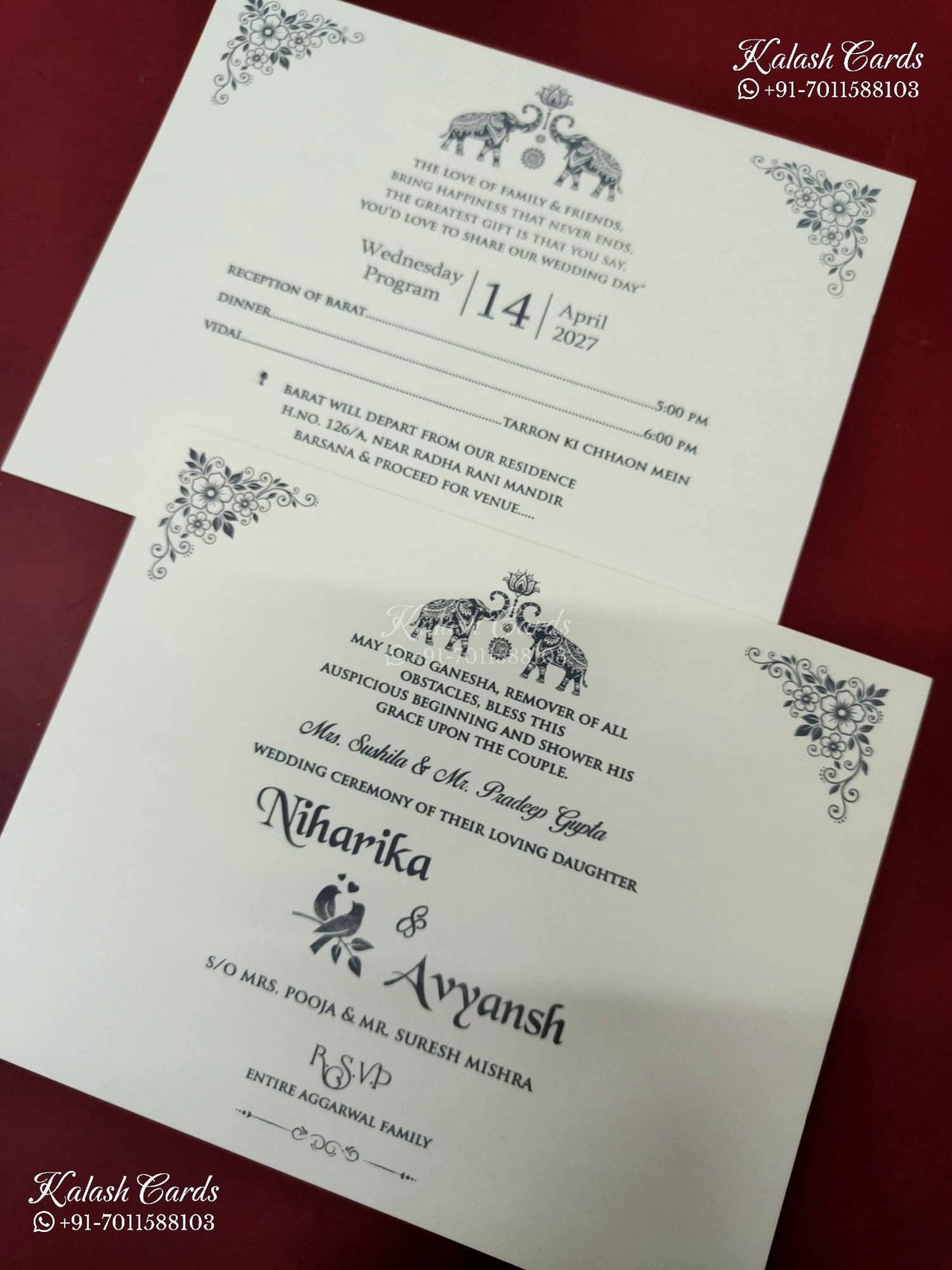 KLB-1239 White Creme Traditional Embossed Semi Box Wedding Card (2 Page & Couple Name Wooden Plate)