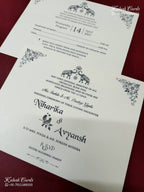 KLB-1239 White Creme Traditional Embossed Semi Box Wedding Card (2 Page & Couple Name Wooden Plate)