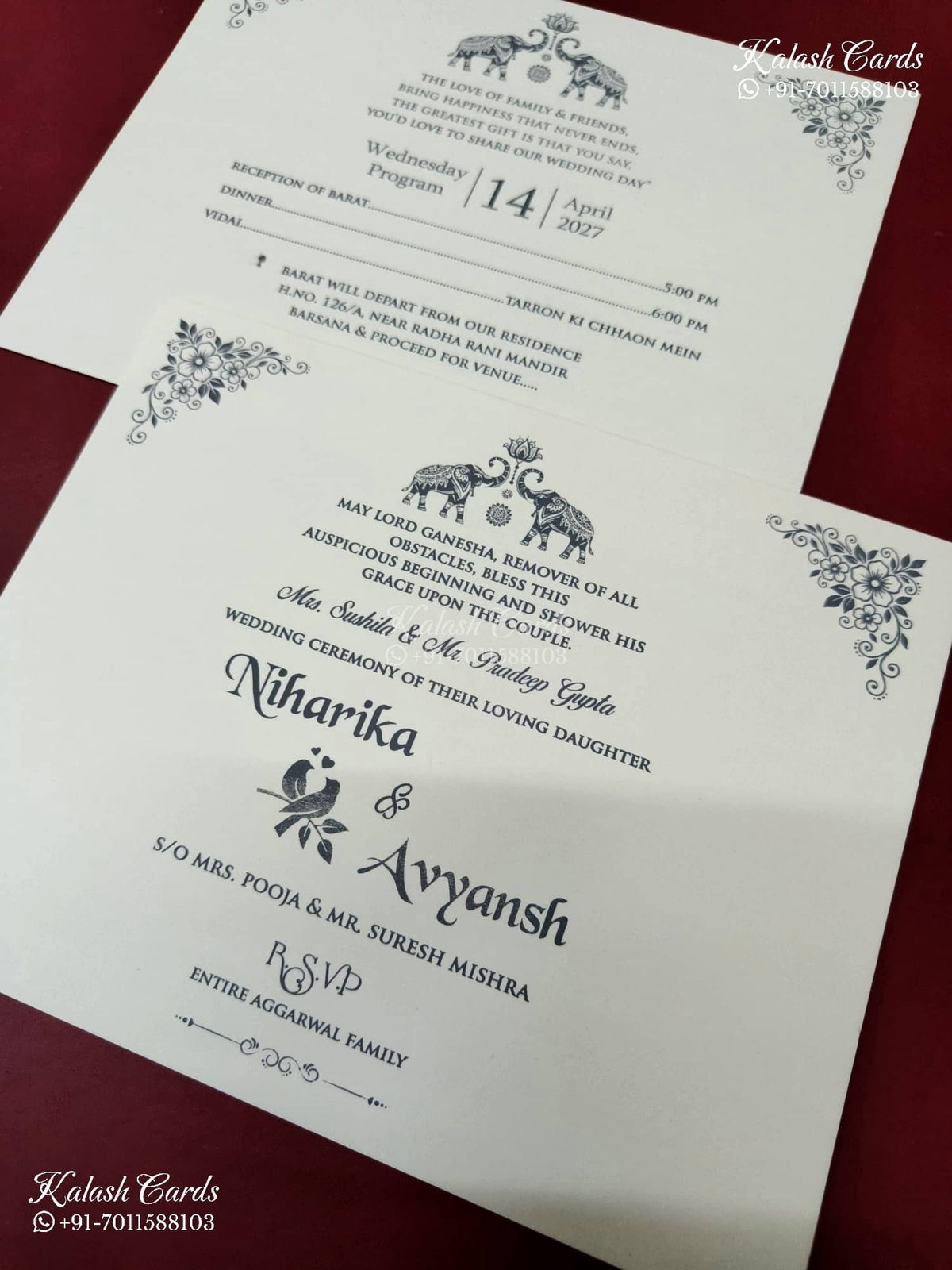 KLB-1239 White Creme Traditional Embossed Semi Box Wedding Card (2 Page & Couple Name Wooden Plate)