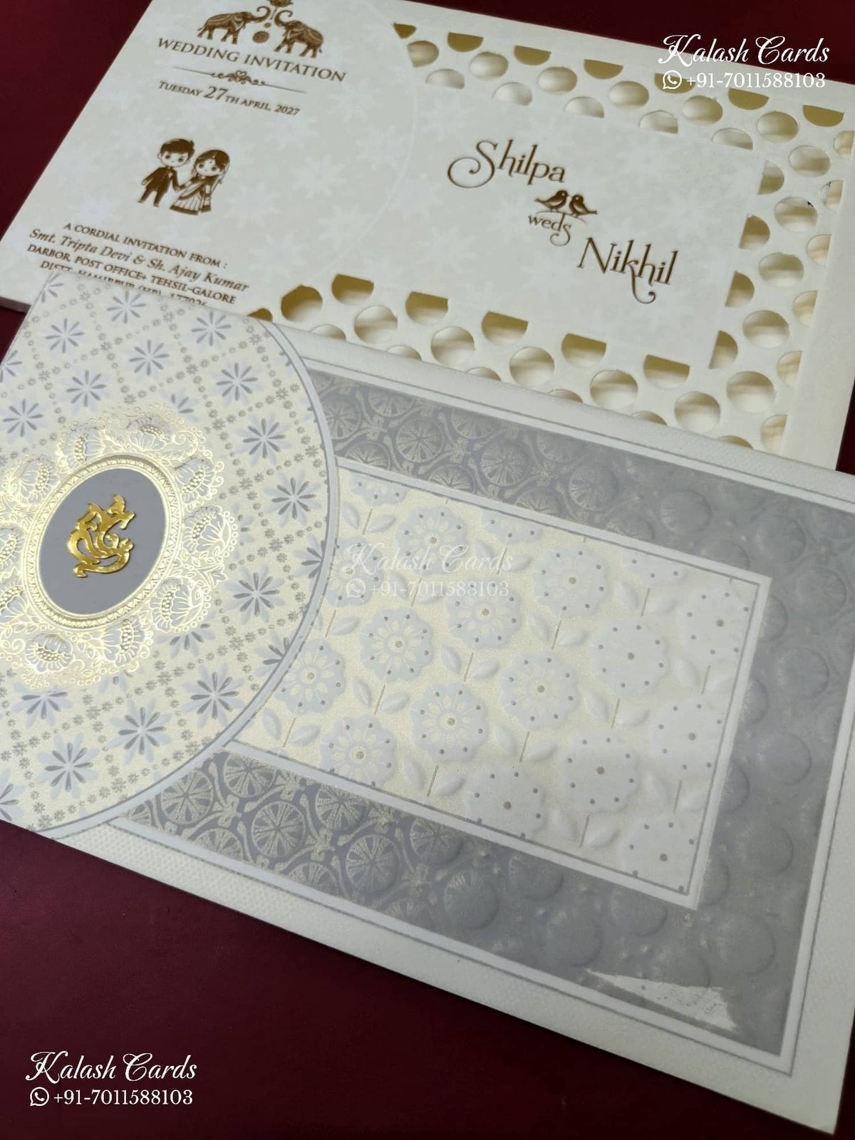 KLB-1240 White Grey Traditional Laser Cut Embossed Semi Box Wedding Card (2 Page)