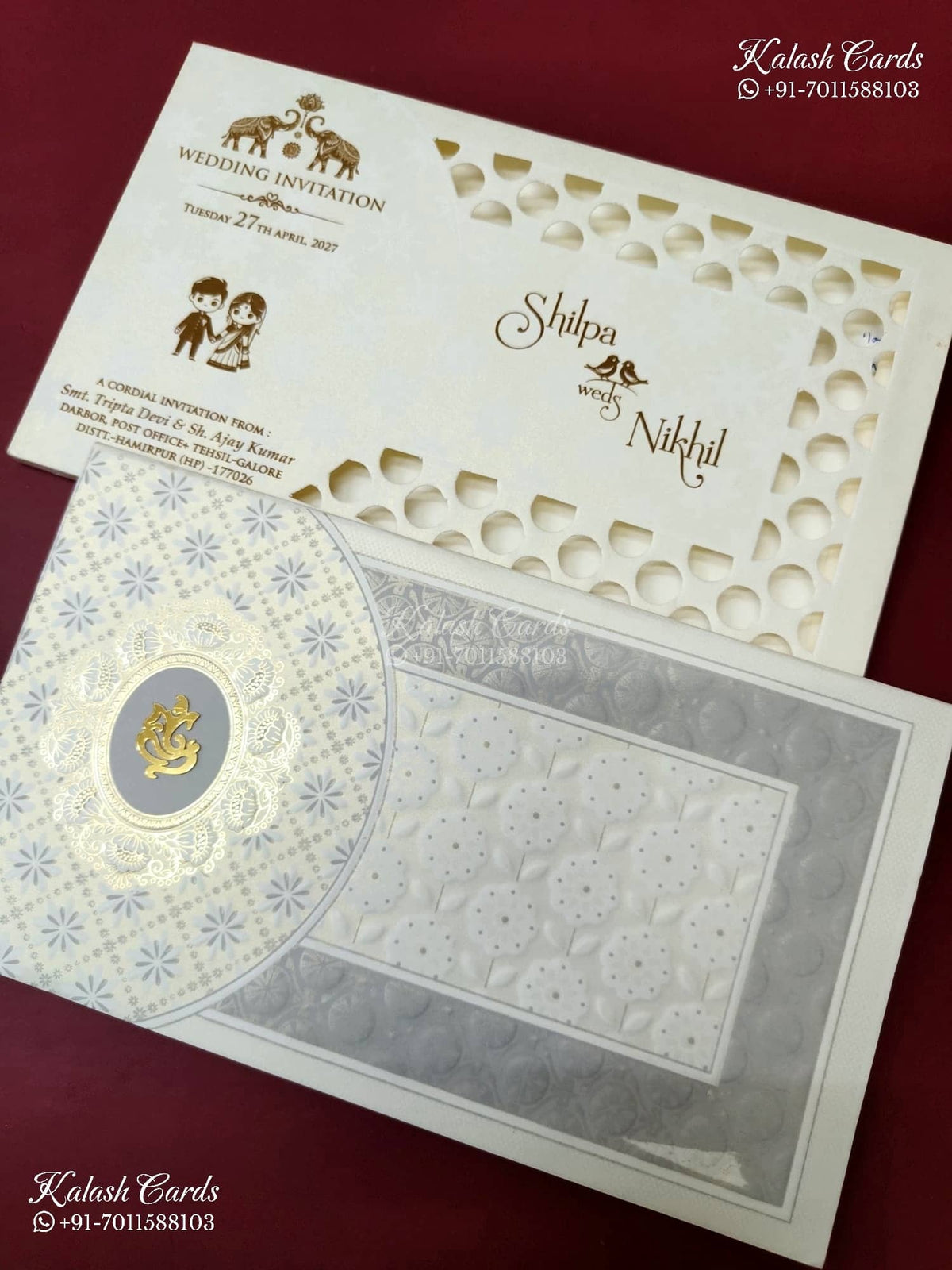 KLB-1240 White Grey Traditional Laser Cut Embossed Semi Box Wedding Card (2 Page)