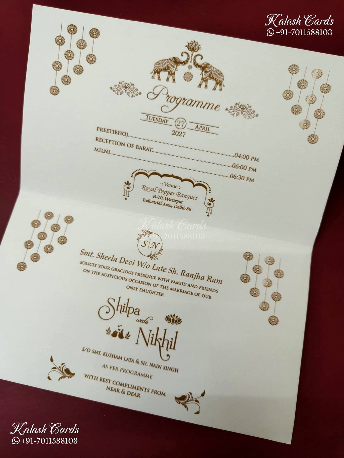 KLB-1240 White Grey Traditional Laser Cut Embossed Semi Box Wedding Card (2 Page)