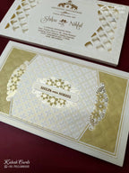 KLB-1241 White Golden Traditional Laser Cut Embossed Semi Box Wedding Card (2 Page)