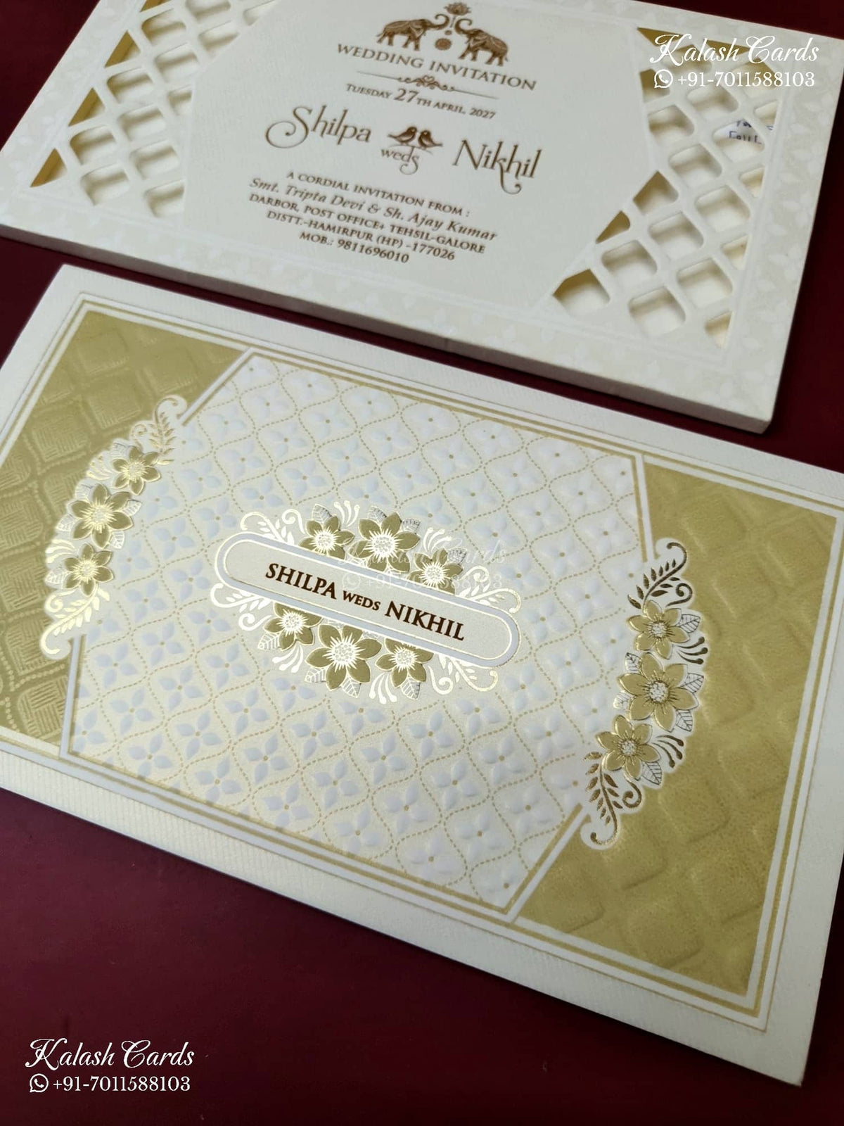 KLB-1241 White Golden Traditional Laser Cut Embossed Semi Box Wedding Card (2 Page)