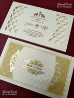 KLB-1241 White Golden Traditional Laser Cut Embossed Semi Box Wedding Card (2 Page)