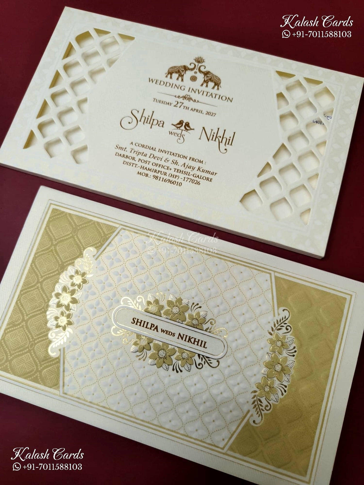 KLB-1241 White Golden Traditional Laser Cut Embossed Semi Box Wedding Card (2 Page)