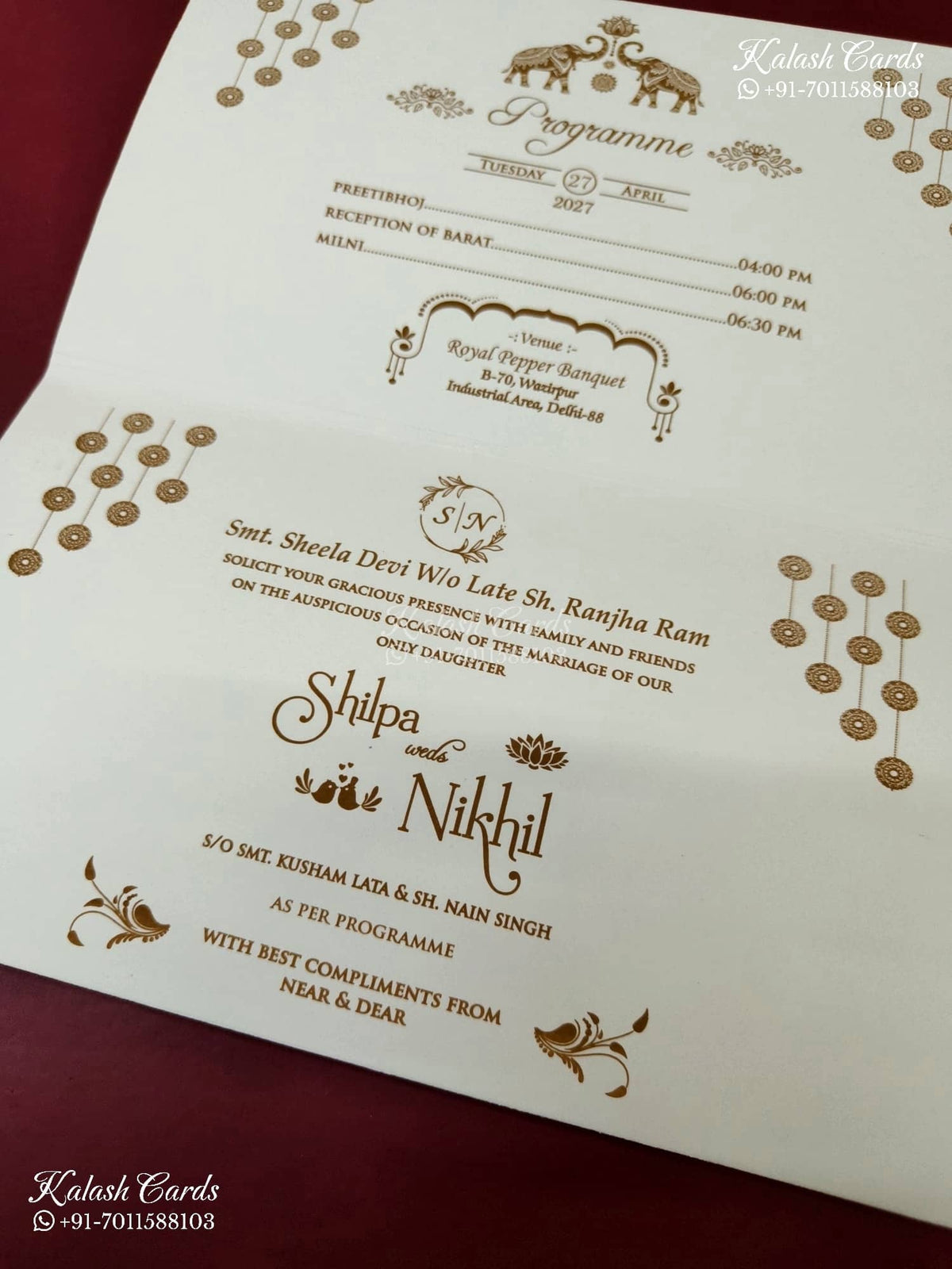 KLB-1241 White Golden Traditional Laser Cut Embossed Semi Box Wedding Card (2 Page)