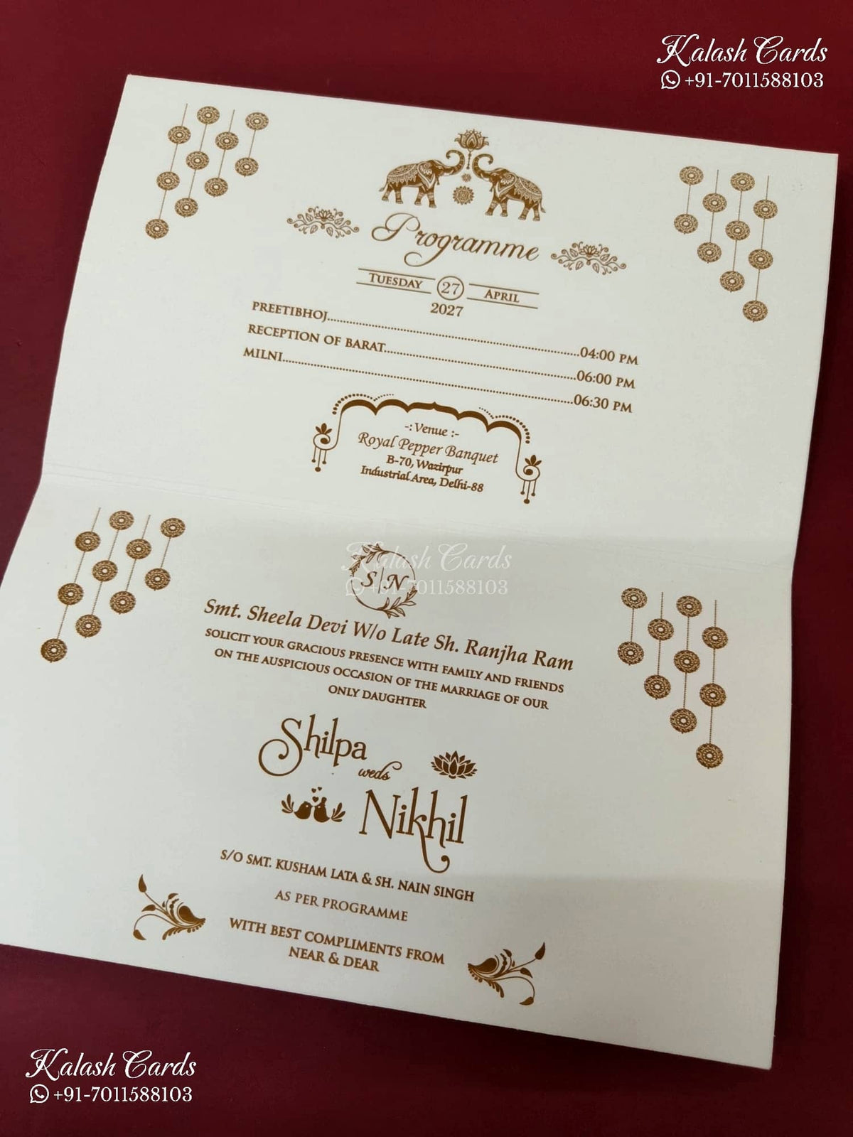 KLB-1241 White Golden Traditional Laser Cut Embossed Semi Box Wedding Card (2 Page)