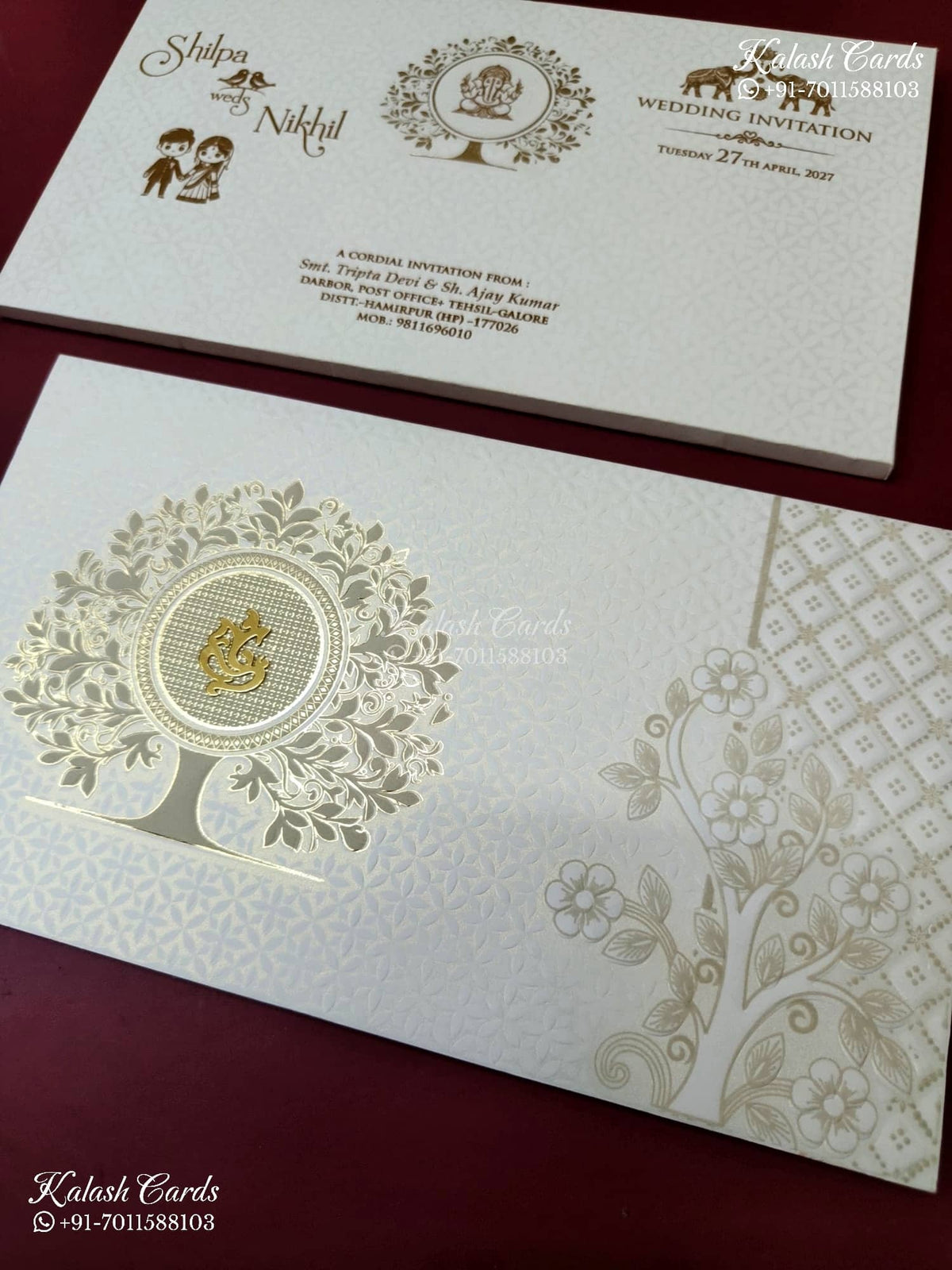 KLB-1243 White Creme Tree of Life Embossed Semi Box Wedding Card (2 Page)