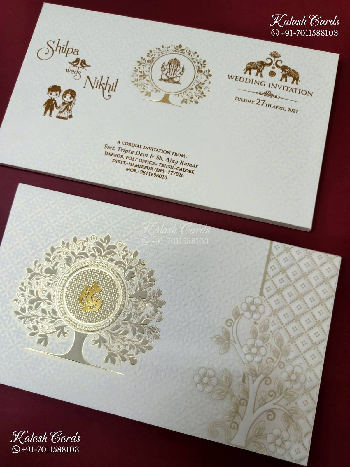 KLB-1243 White Creme Tree of Life Embossed Semi Box Wedding Card (2 Page)