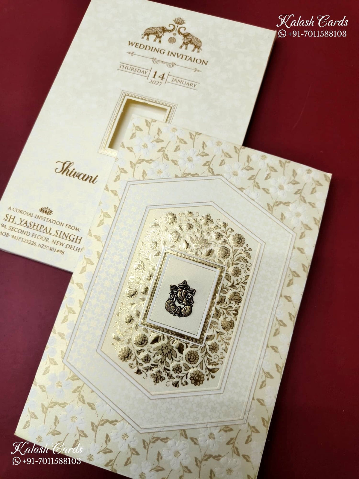 KLB-1244 White Creme Floral Embossed Semi Box Wedding Card (2 Page)