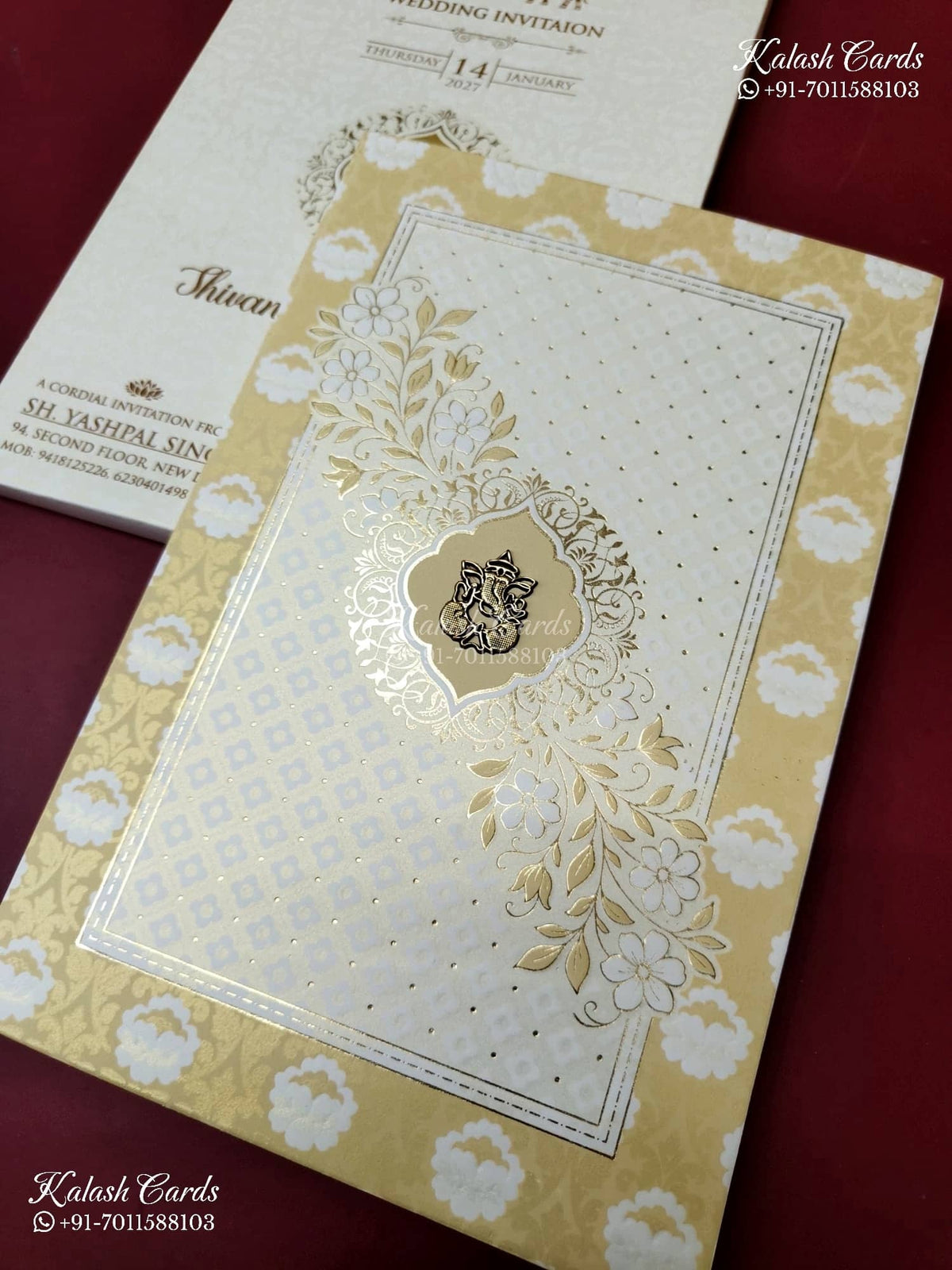 KLB-1246 White Yellow Floral Semi Box Wedding Card (2 Page)