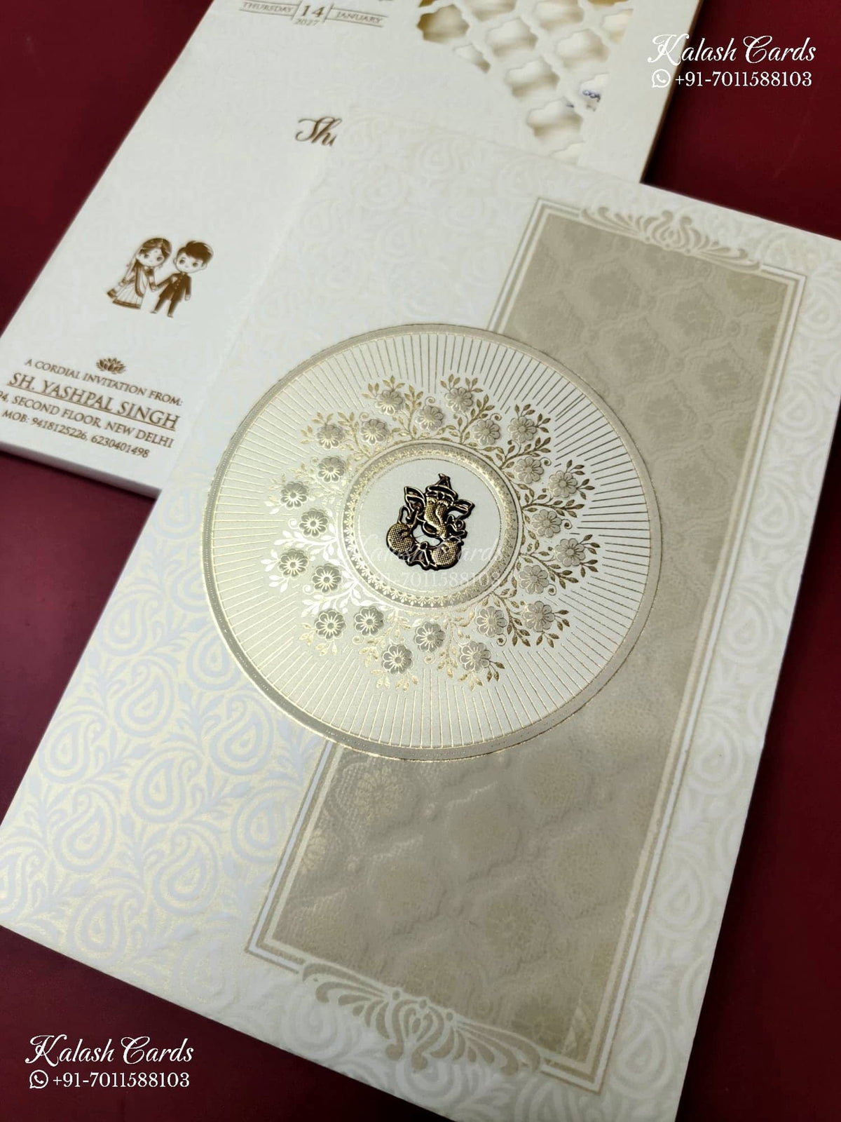 KLB-1247 White Brown Floral Laser Cut Embossed Semi Box Wedding Card (2 Page)