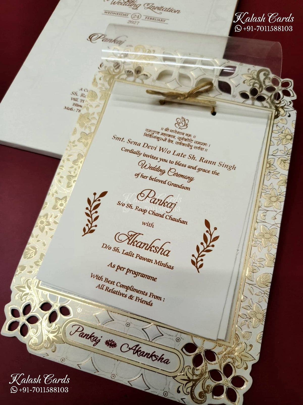 KLB-1249 White Creme Floral Laser Cut Semi Box Wedding Card (2 Page & Transparent PVC)