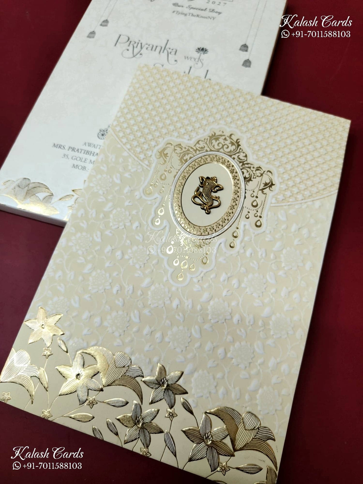 KLB-1250 White Creme Floral Embossed Semi Box Wedding Card (2 Page)