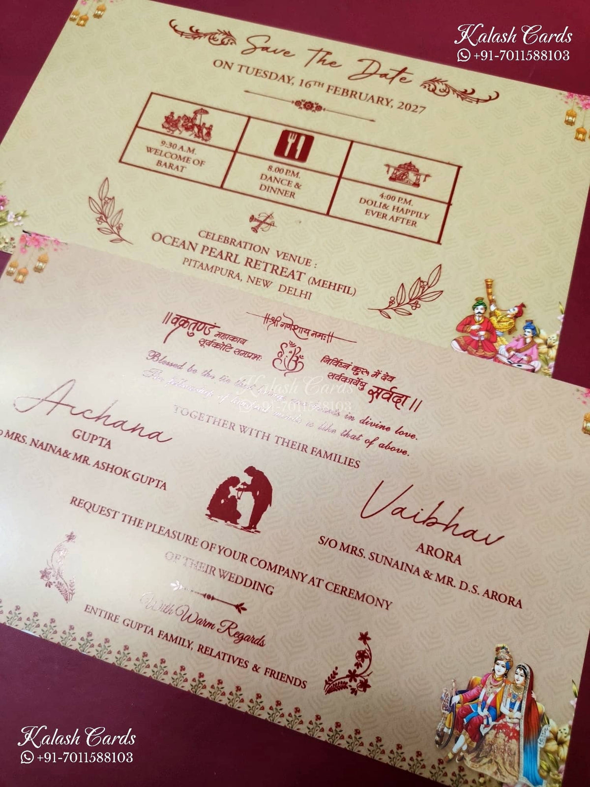 KLB-1251 Creme Brown Bride Groom Laser Cut Padded Thick Wedding Card (2 Page & Couple Name Wooden Plate)