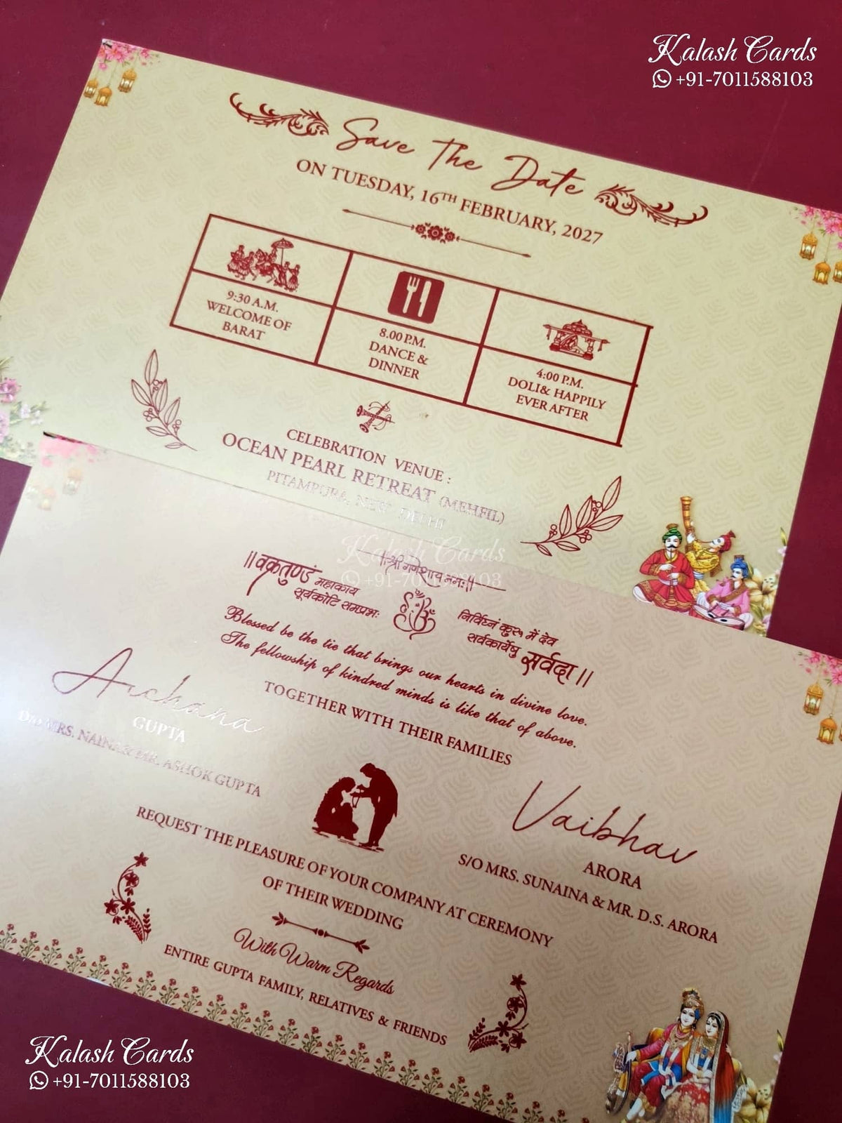 KLB-1251 Creme Brown Bride Groom Laser Cut Padded Thick Wedding Card (2 Page & Couple Name Wooden Plate)
