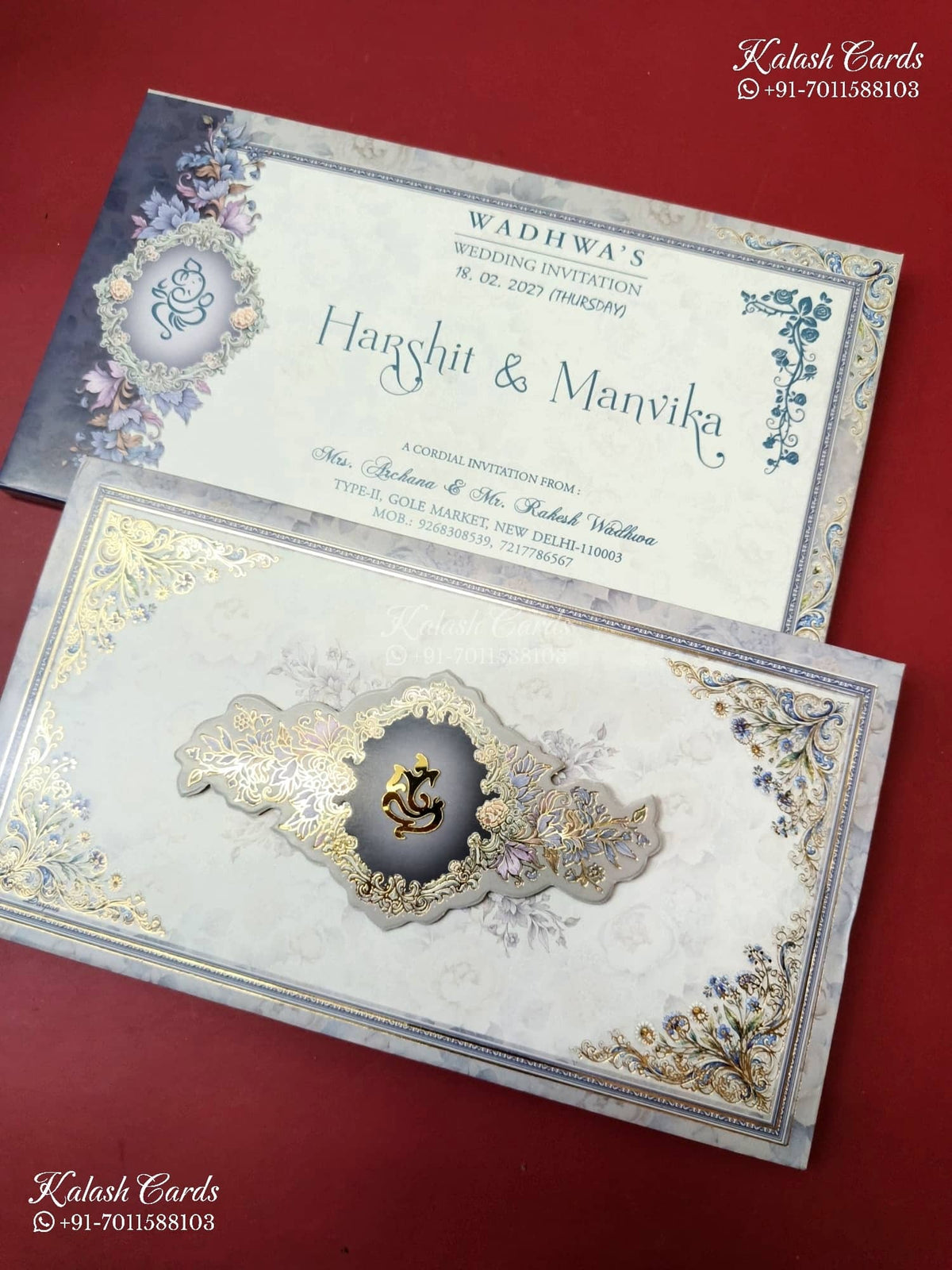KLB-1252 Purple Grey Floral Laser Cut Padded Thick Wedding Card (2 Page)