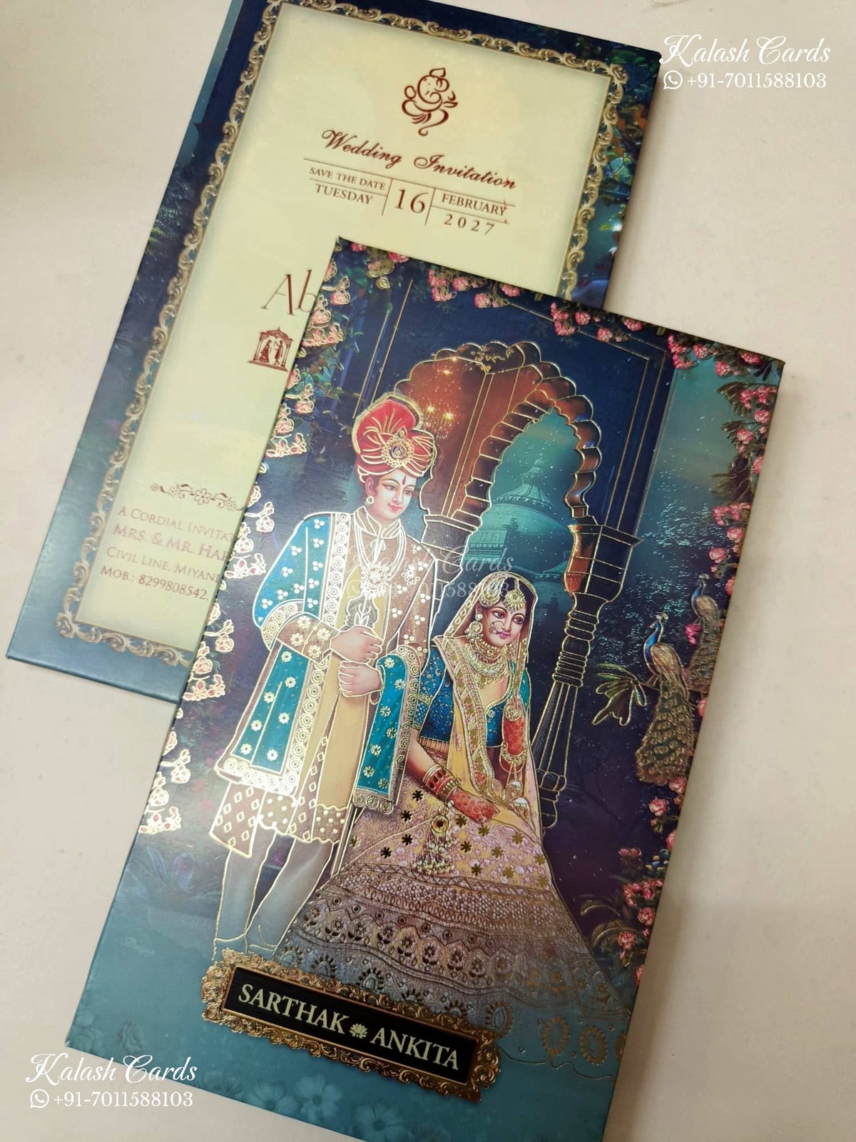 KLB-1253 Blue Green Bride Groom Padded Thick Wedding Card (2 Page)