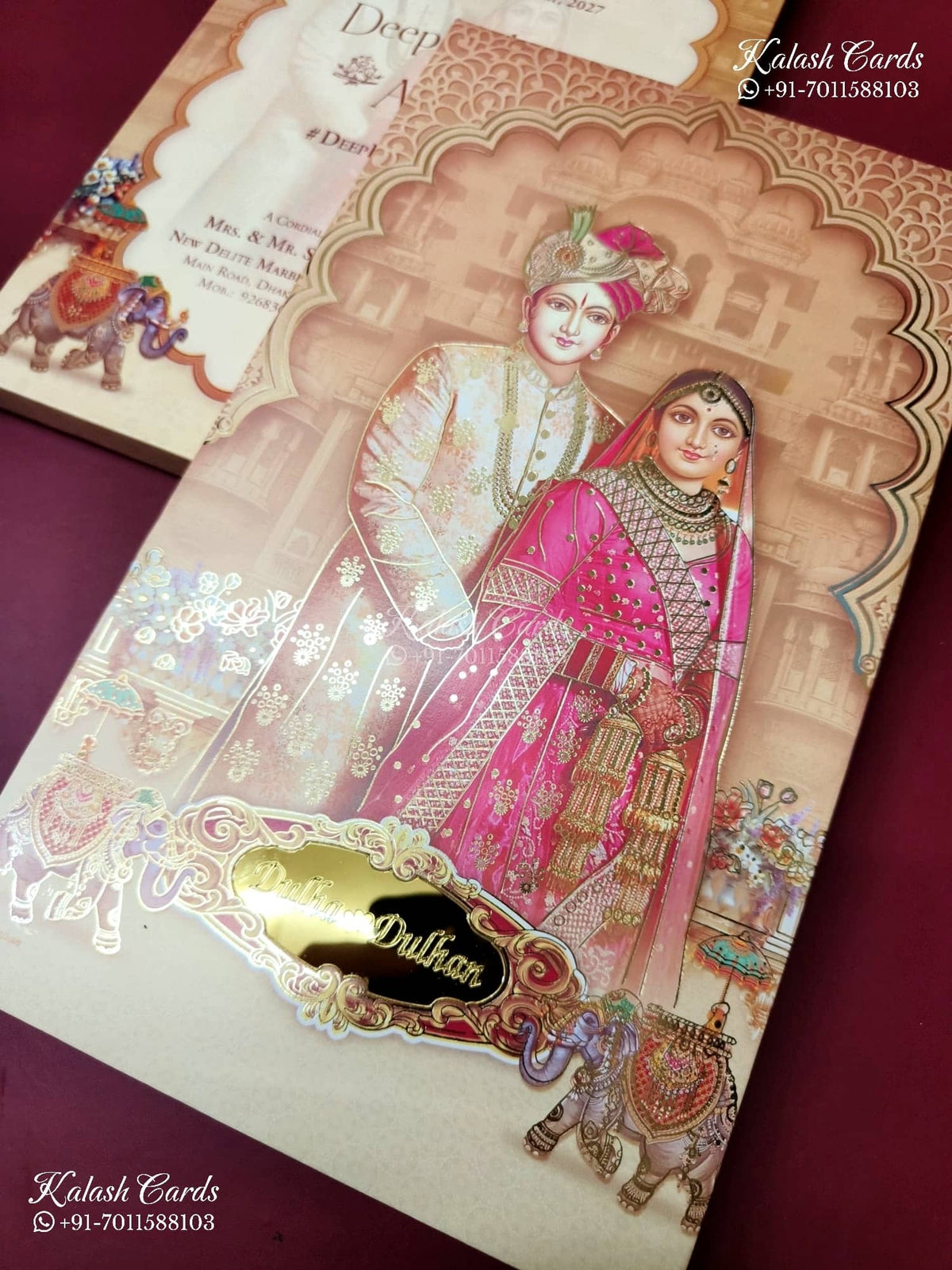 KLB-1254 Creme Brown Bride Groom Padded Thick Wedding Card (2 Page & Couple Name Acrylic)-Kalash Cards