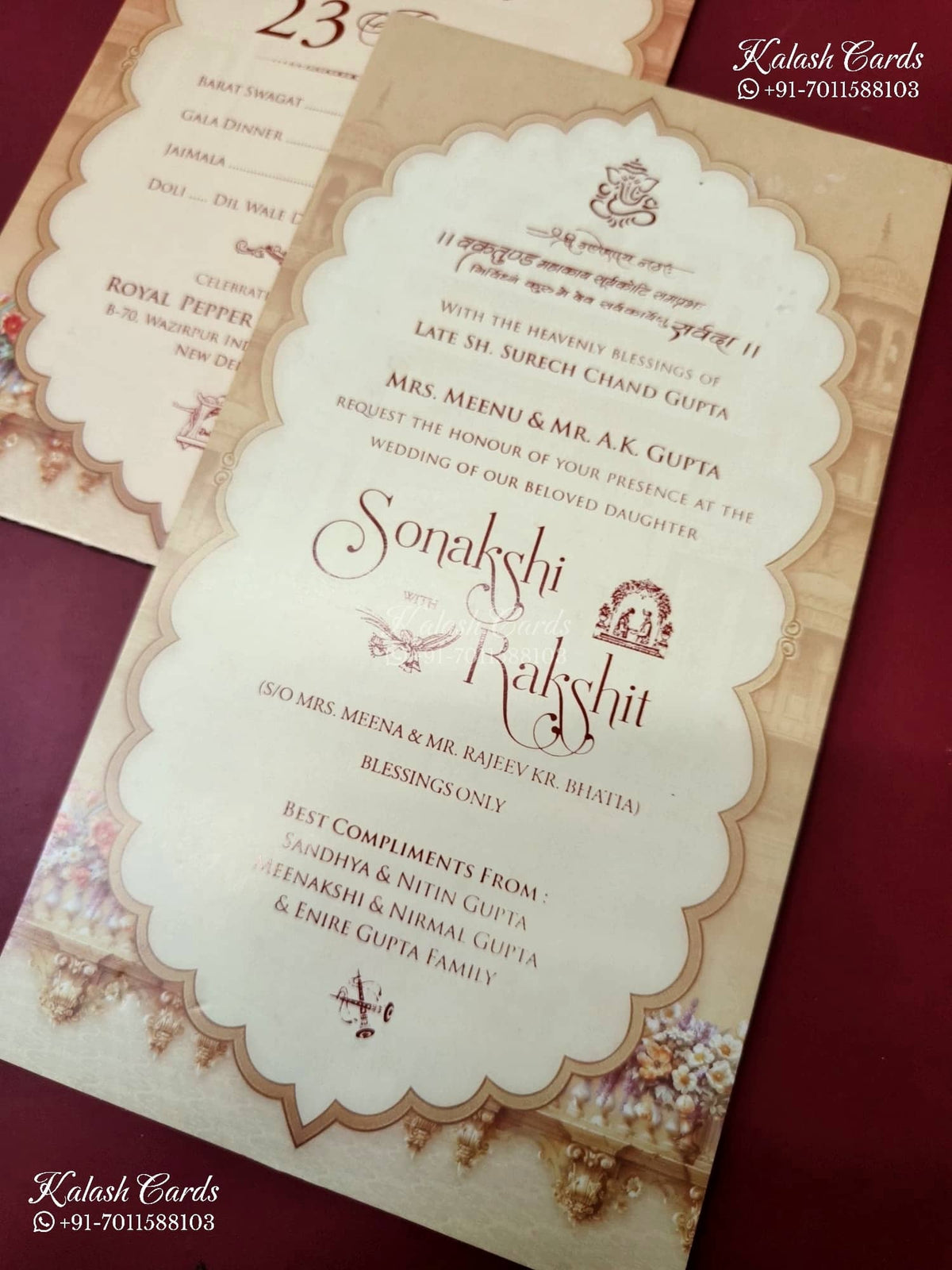 KLB-1254 Creme Brown Bride Groom Padded Thick Wedding Card (2 Page & Couple Name Acrylic)-Kalash Cards
