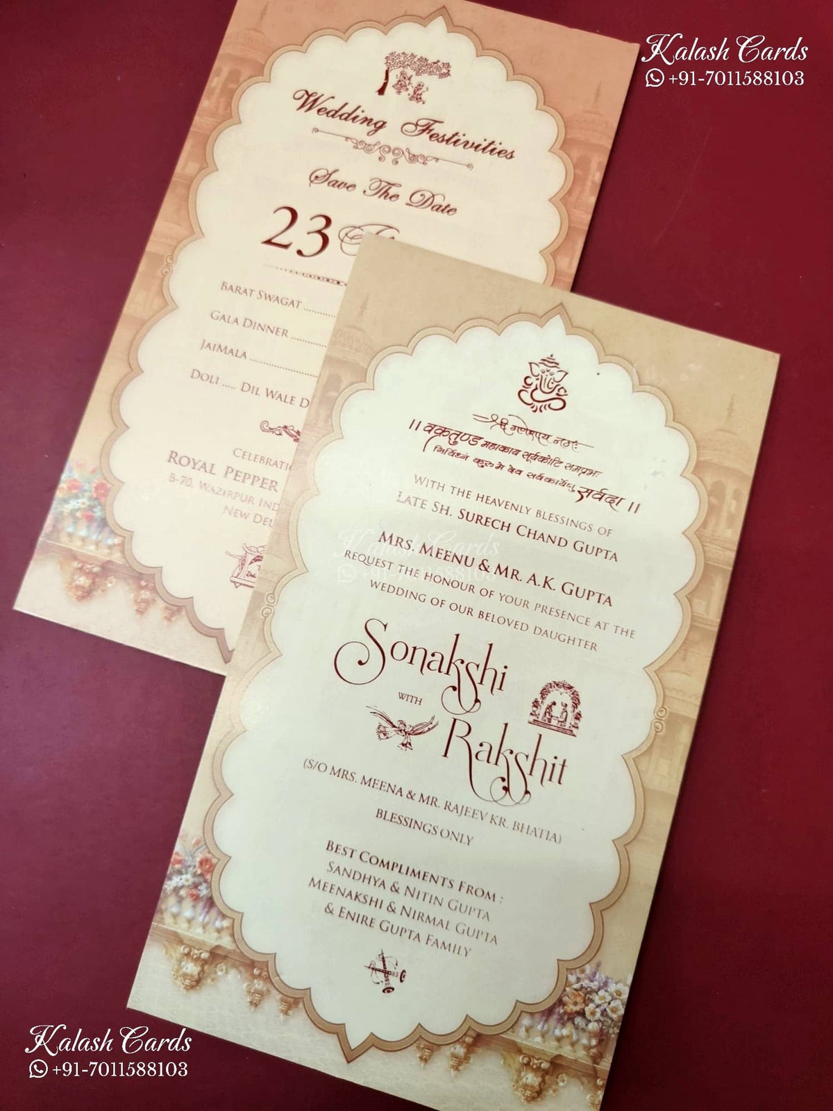 KLB-1254 Creme Brown Bride Groom Padded Thick Wedding Card (2 Page & Couple Name Acrylic)-Kalash Cards