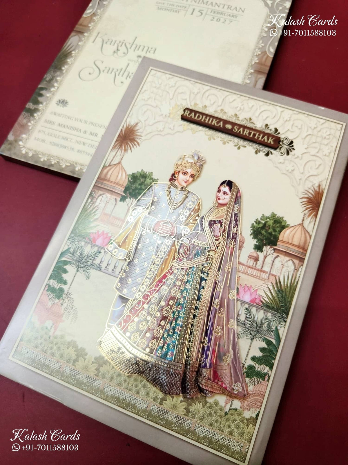 KLB-1255 Creme Bride Groom Padded Thick Wedding Card (2 Page & Couple Name Wooden Plate)