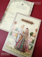 KLB-1255 Creme Bride Groom Padded Thick Wedding Card (2 Page & Couple Name Wooden Plate)