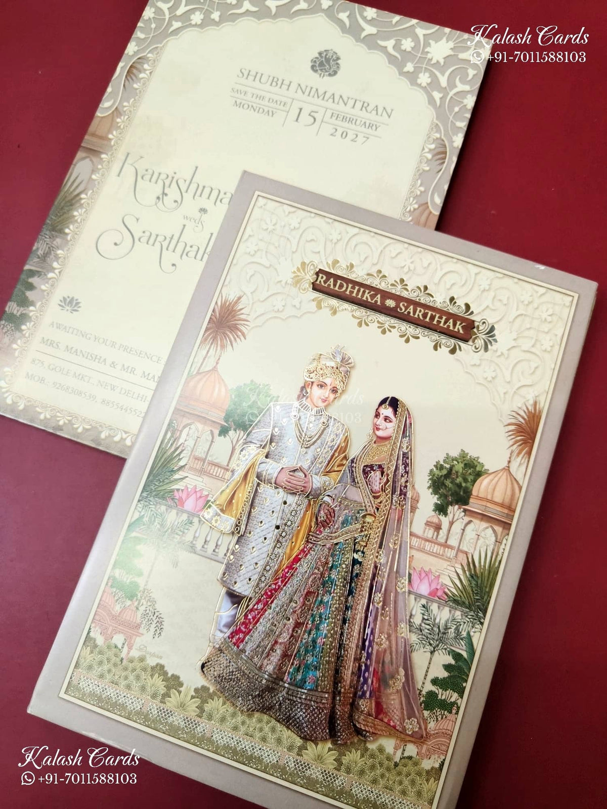 KLB-1255 Creme Bride Groom Padded Thick Wedding Card (2 Page & Couple Name Wooden Plate)