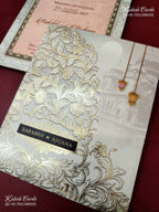 KLB-1256 Creme Floral Padded Thick Wedding Card (2 Page & Couple Name Wooden Plate)