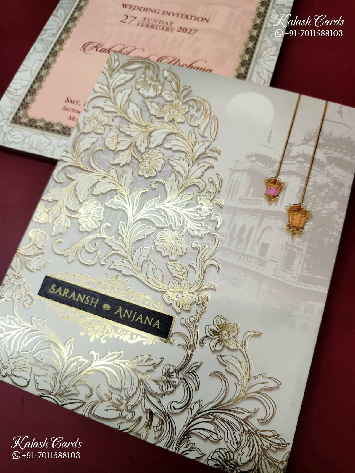 KLB-1256 Creme Floral Padded Thick Wedding Card (2 Page & Couple Name Wooden Plate)