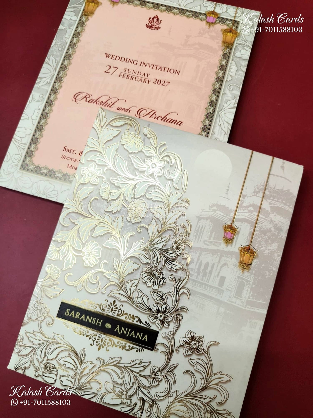 KLB-1256 Creme Floral Padded Thick Wedding Card (2 Page & Couple Name Wooden Plate)