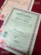 KLB-1256 Creme Floral Padded Thick Wedding Card (2 Page & Couple Name Wooden Plate)