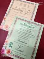 KLB-1256 Creme Floral Padded Thick Wedding Card (2 Page & Couple Name Wooden Plate)