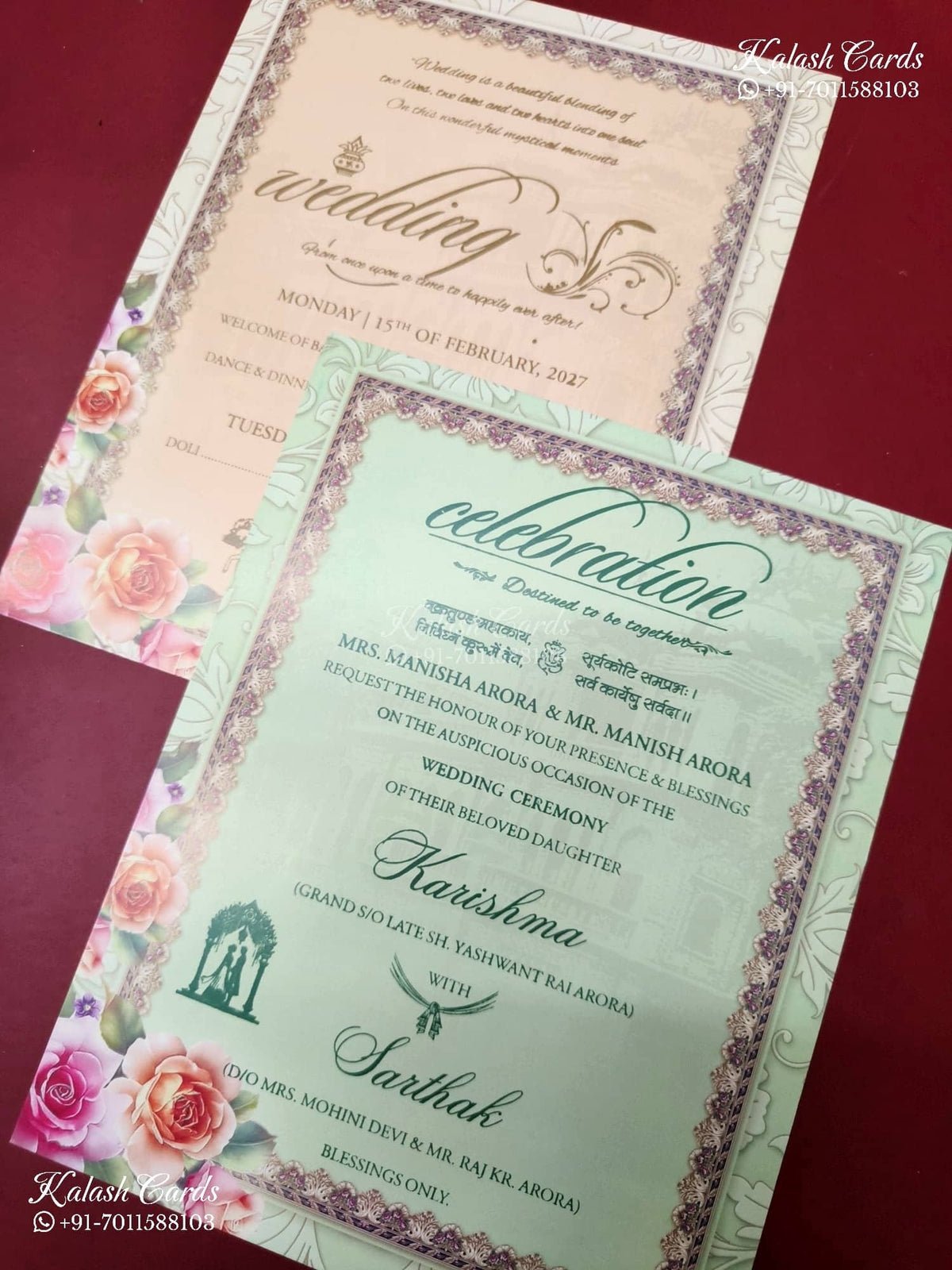 KLB-1256 Creme Floral Padded Thick Wedding Card (2 Page & Couple Name Wooden Plate)