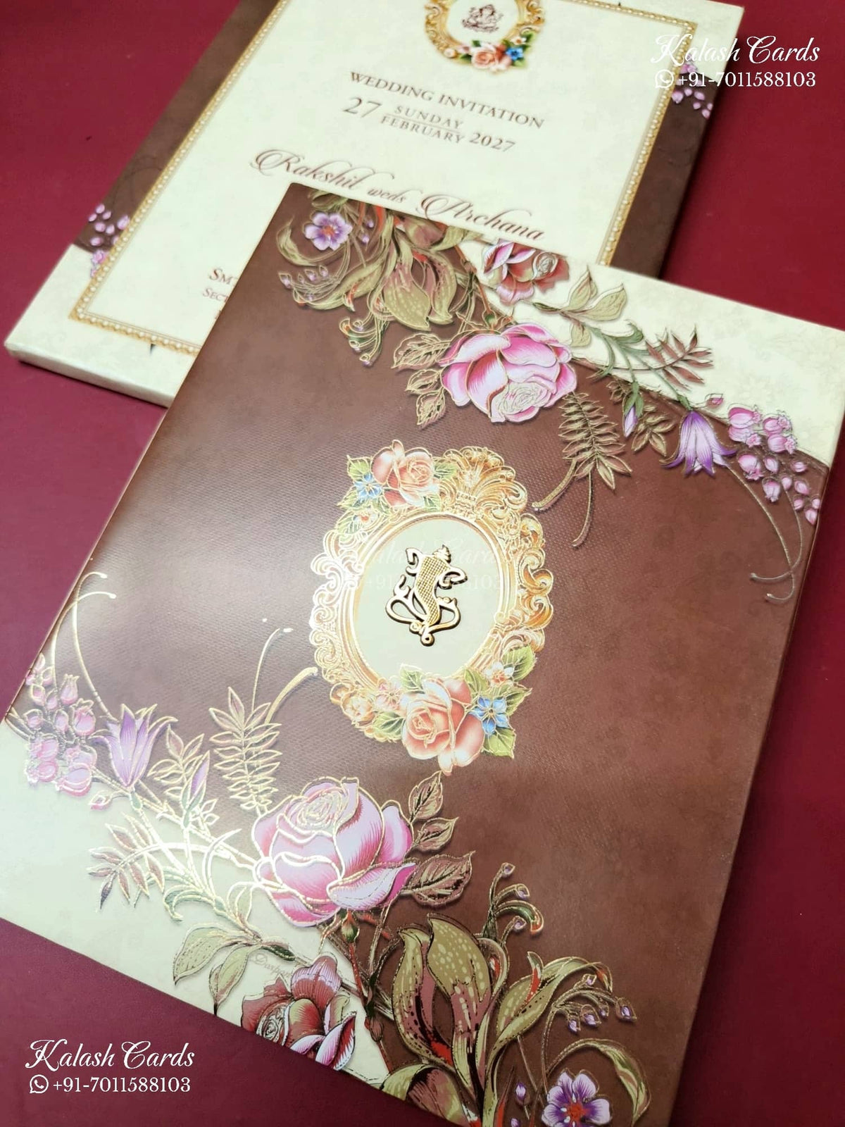 KLB-1257 Creme Brown Floral Padded Thick Wedding Card (2 Page)