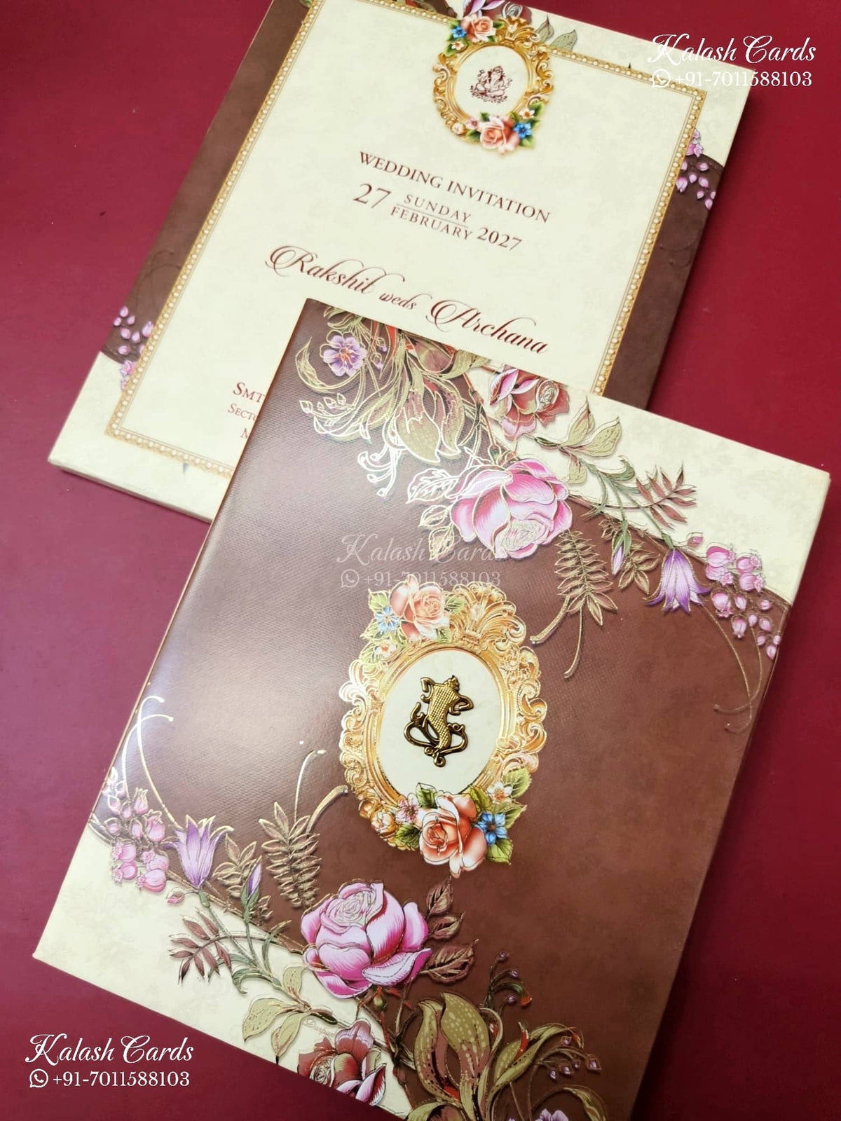 KLB-1257 Creme Brown Floral Padded Thick Wedding Card (2 Page)