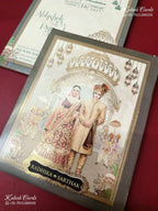 KLB-1259 Creme Brown Bride Groom Padded Thick Wedding Card (2 Page & Couple Name Wooden Plate)
