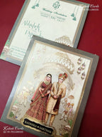 KLB-1259 Creme Brown Bride Groom Padded Thick Wedding Card (2 Page & Couple Name Wooden Plate)