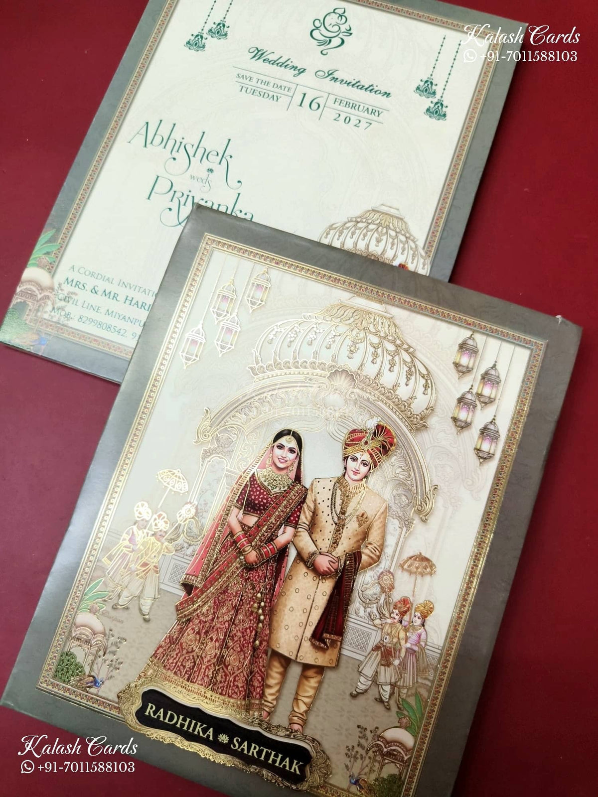 KLB-1259 Creme Brown Bride Groom Padded Thick Wedding Card (2 Page & Couple Name Wooden Plate)
