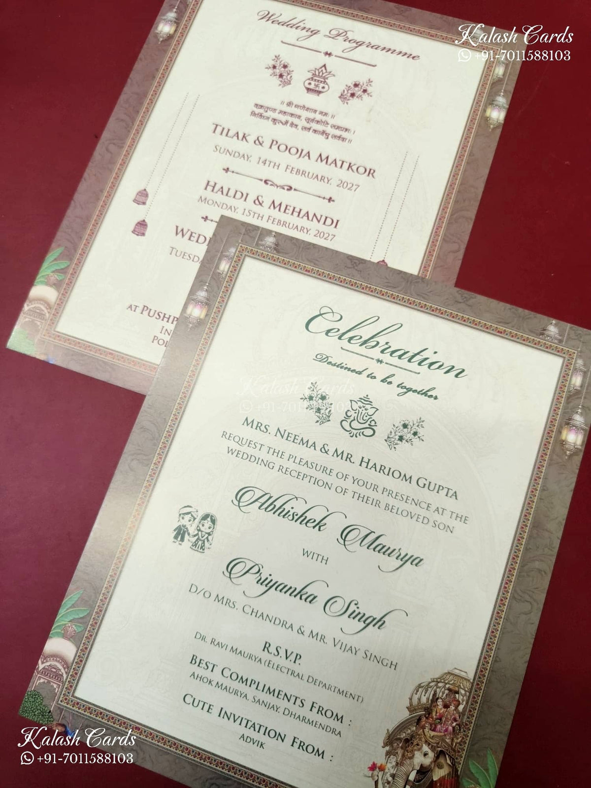 KLB-1259 Creme Brown Bride Groom Padded Thick Wedding Card (2 Page & Couple Name Wooden Plate)
