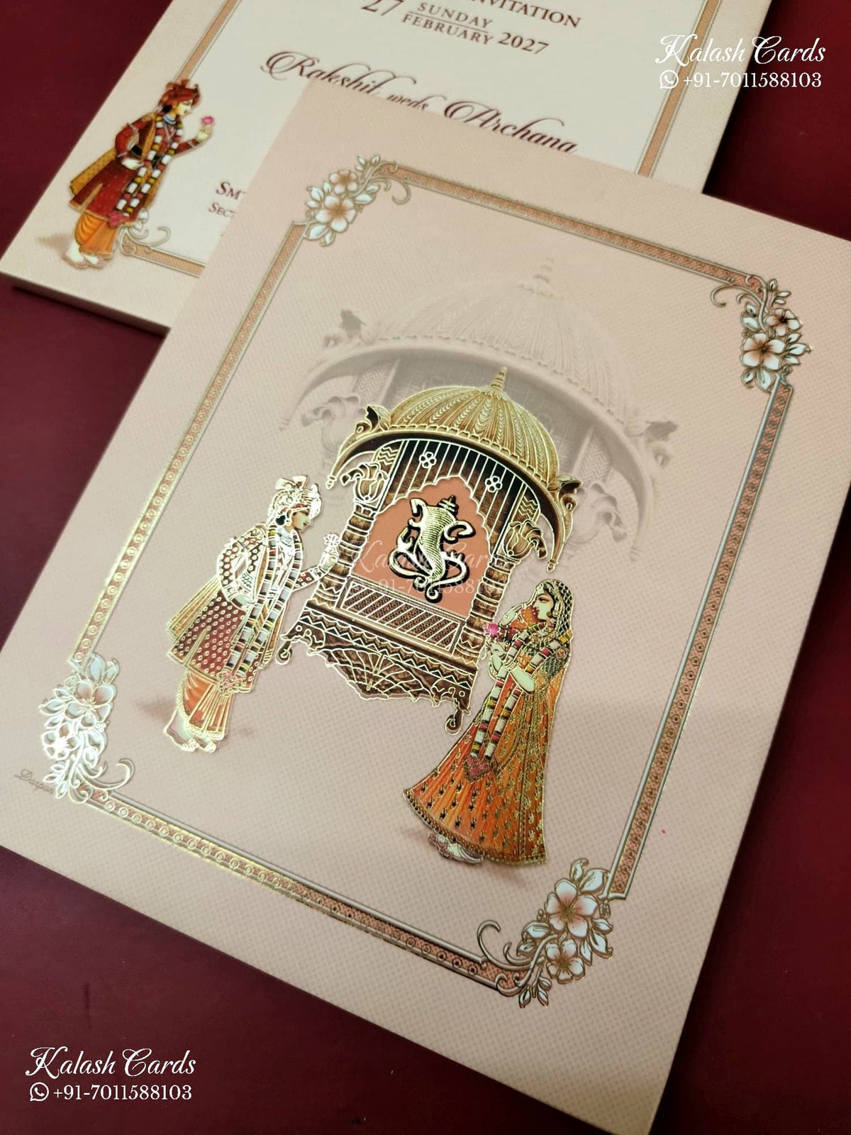 KLB-1262 Creme Peach Bride Groom Padded Thick Wedding Card (2 Page)-Kalash Cards