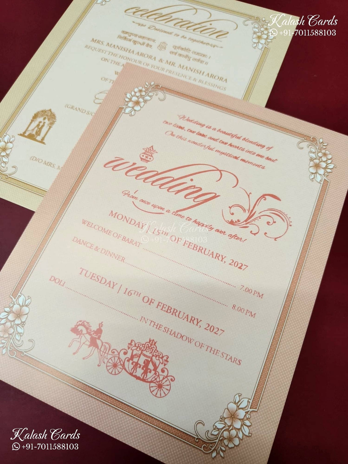 KLB-1262 Creme Peach Bride Groom Padded Thick Wedding Card (2 Page)-Kalash Cards