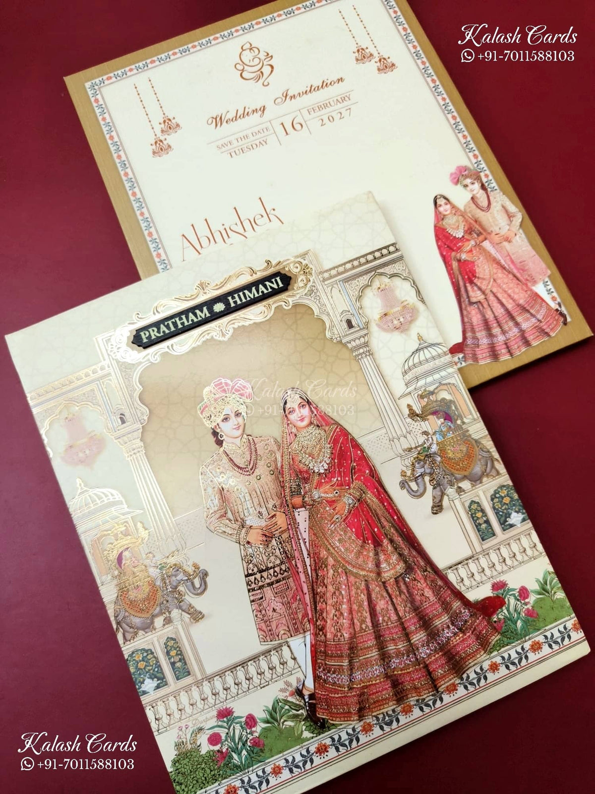 KLB-1263 Creme Bride Groom Padded Thick Wedding Card (2 Page & Couple Name Wooden Plate)