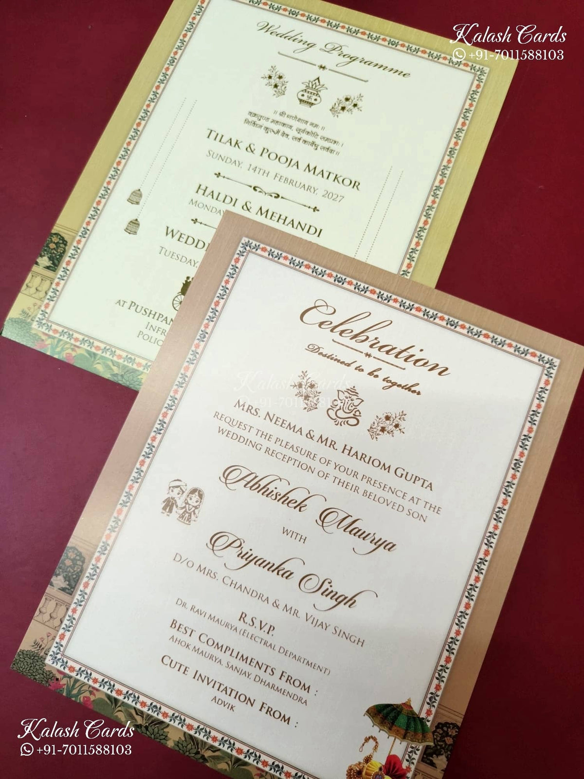 KLB-1263 Creme Bride Groom Padded Thick Wedding Card (2 Page & Couple Name Wooden Plate)